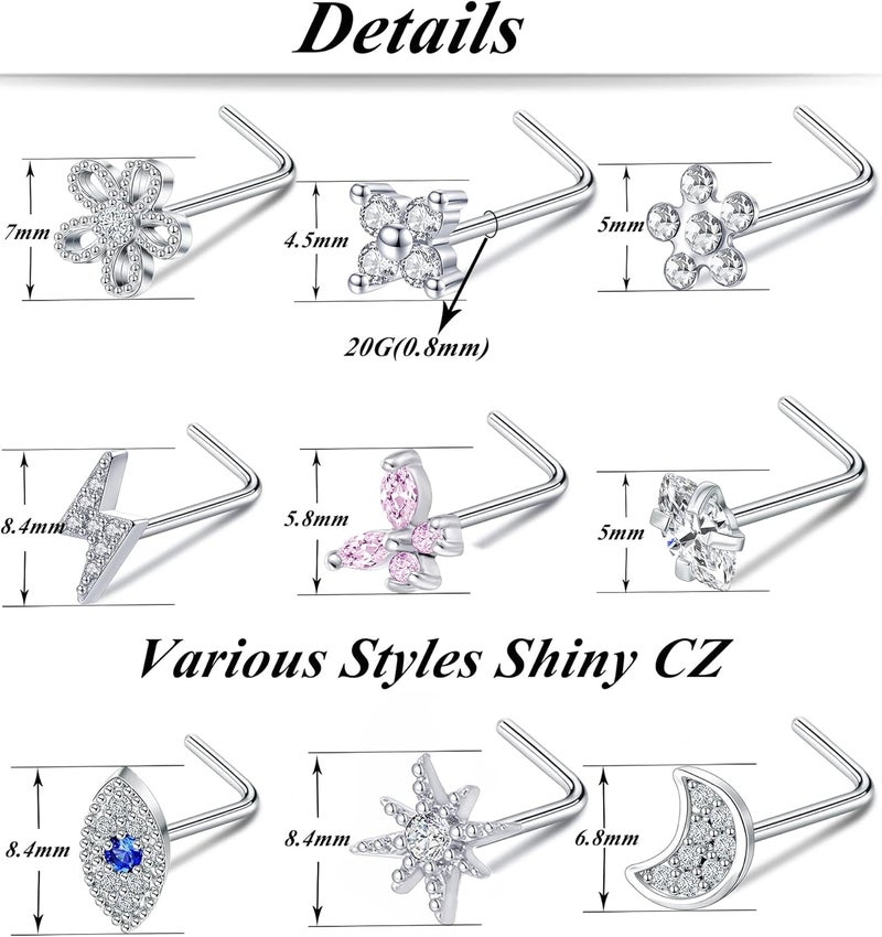 Tornito 9Pcs Nose Rings Stud L Bone Screw Shaped Nose Ring Flower CZ Snowflake Butterfly Screw Nose Stud Body Piercing Jewelry for Women Men 20G Silver Gold Rose Gold Tone - Image 4